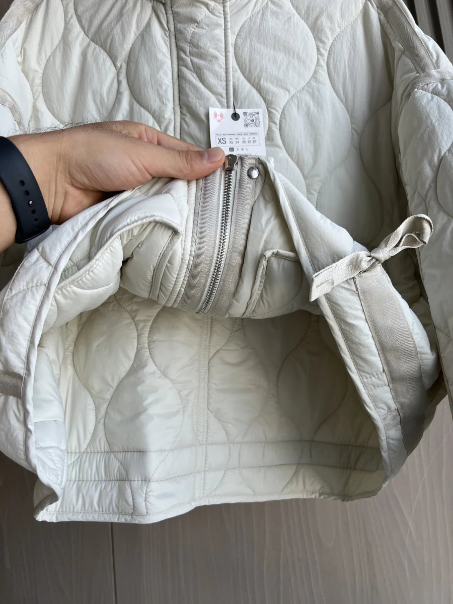 Women's Quilted Coat™ drawstring ties high neck pocket clip cotton jacket for women