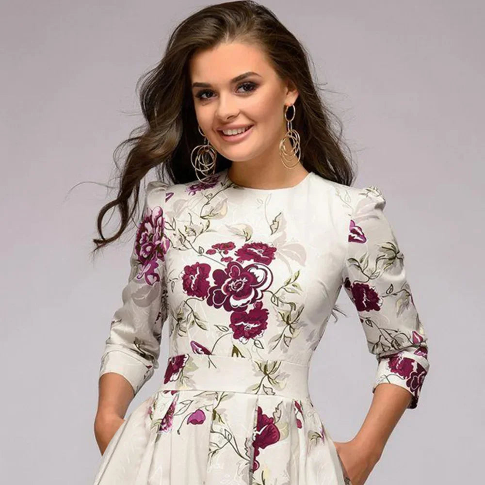Women's Dress™ Seven-eighth Sleeve Printed A- line Ruffles Dress
