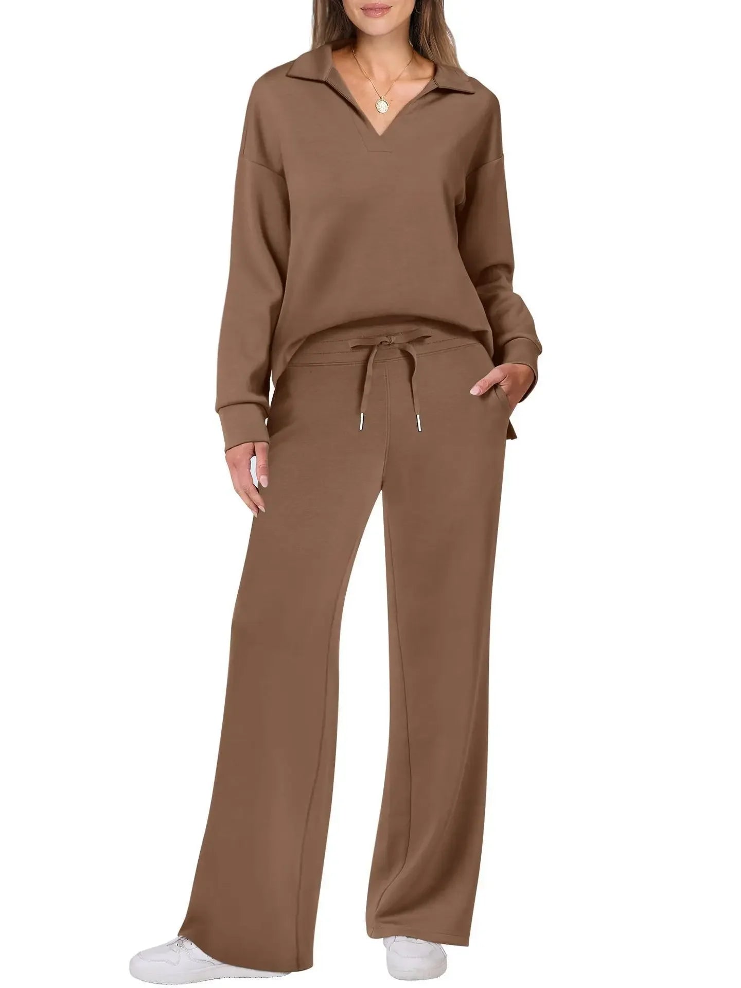 Women's 2 Piece Set™ Loose Long Sleeve V-Neck Top with Drawstring Elastic Waist Bell BottomsSet