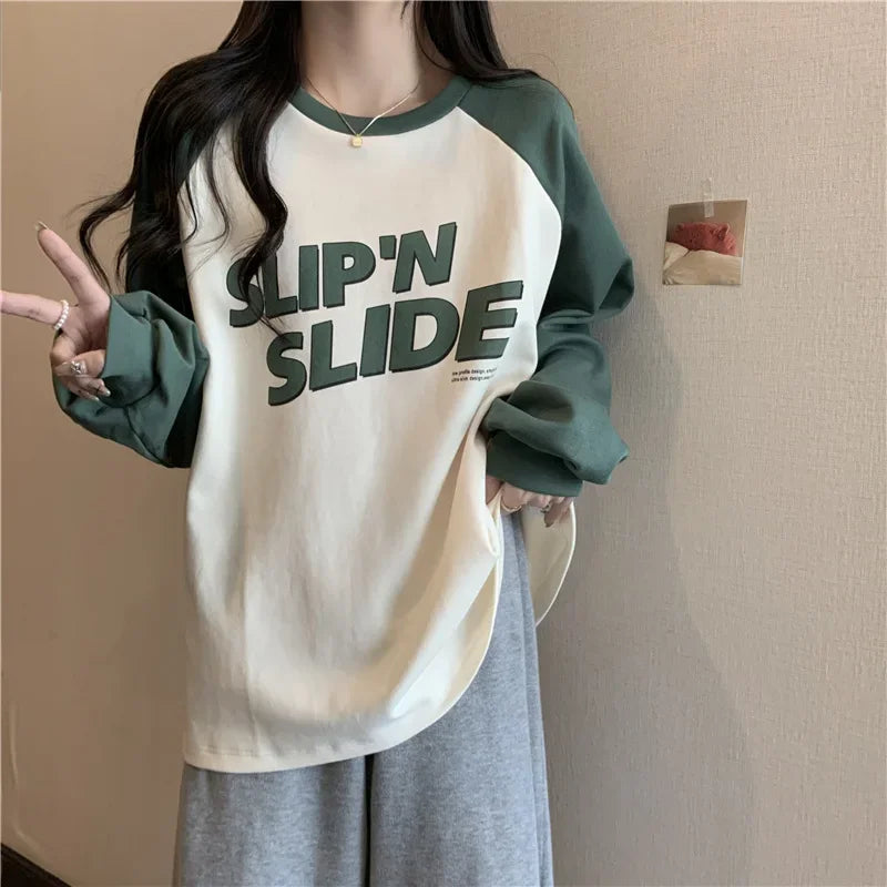 Women's Letter Printed T-Shirt™ Autumn Winter Thickened Frosted Color Block Shoulder Sleeve Lazy Loose Large Version Round Neck T-Shirt