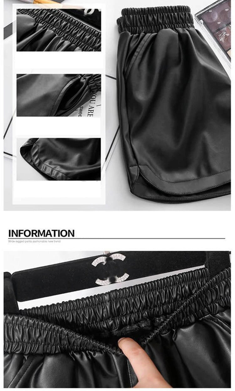 Women's Shorts™ Black PU Leather High Waist Wide Leg Faux Leather Shorts