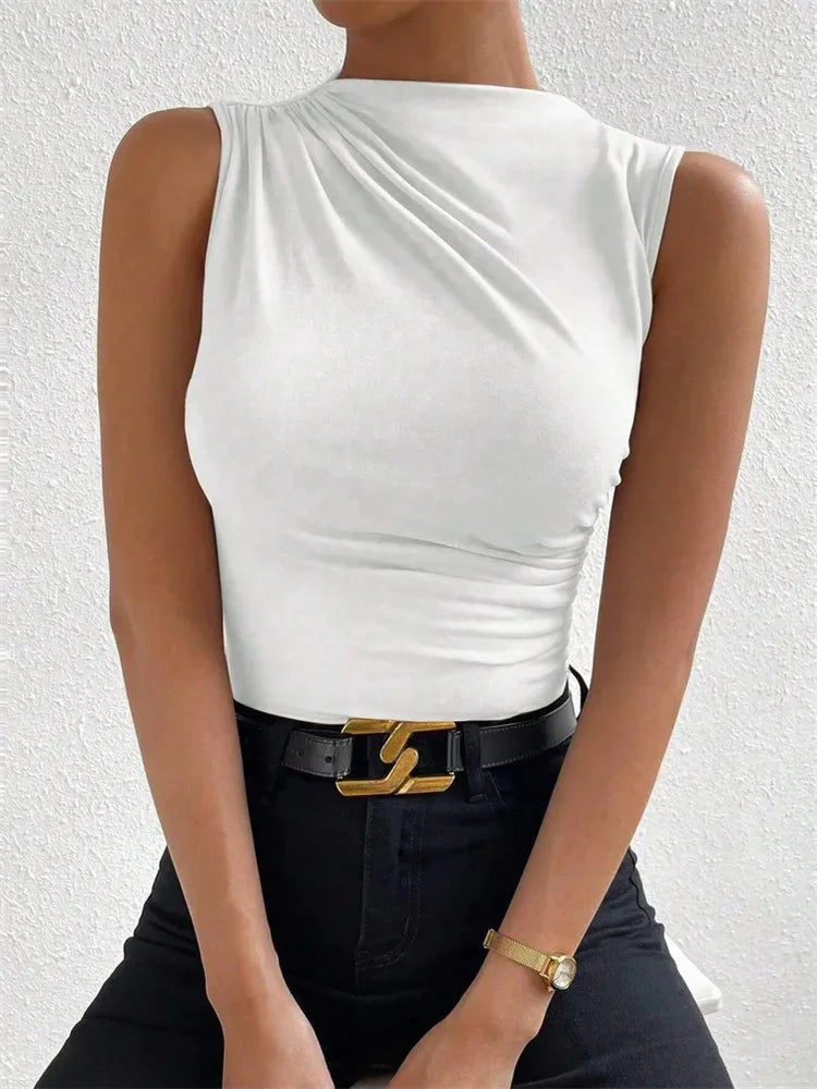 Women's Casual Mock Neck Tank Tops™ Solid Color Slim Fit Pleated Sleeveless T Shirt