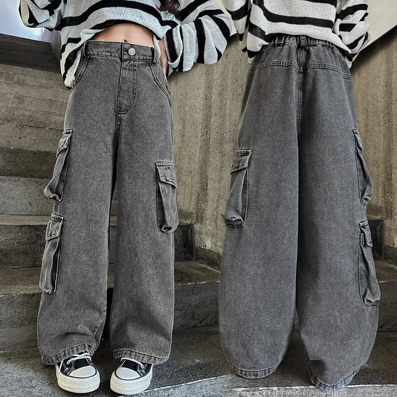 Girls Cargo Jeans™ Children Spring Korean Fashion  Multi-Pocket Loose Straight Denim Baggy Trousers