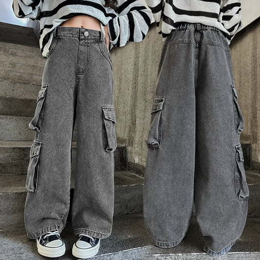 Girls Cargo Jeans™ Children Spring Korean Fashion  Multi-Pocket Loose Straight Denim Baggy Trousers