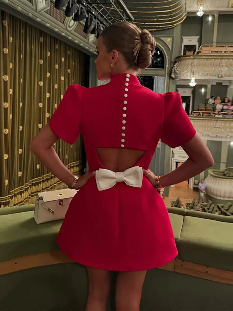 Women's Backless Bow Mini Dress™ Half High Collar Short Sleeve A Line Dress