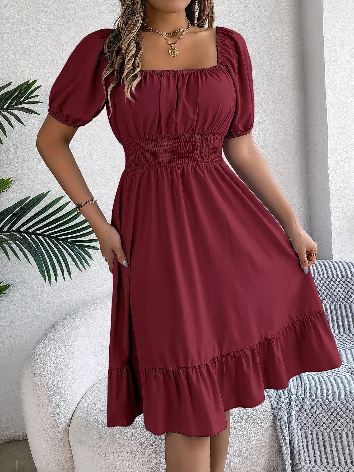 Women's Solid Puff Sleeve Square Neck Dress™ Ruched Bust Ruffle Hem Waist Dress,