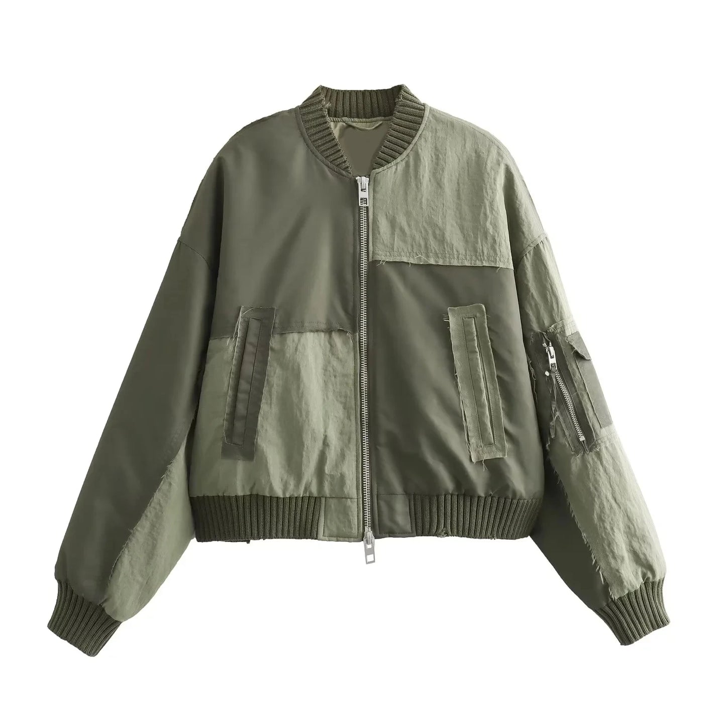 Women's Army green Bomber™ Jackets  KONDALA Patchwork Zipper Pockets Oversized Coats