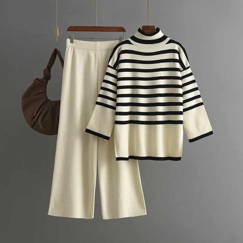Women's Suits™ SINGREINY Striped Turtleneck Sweater High Waist Wide Leg Pants Knitted Loose Suits