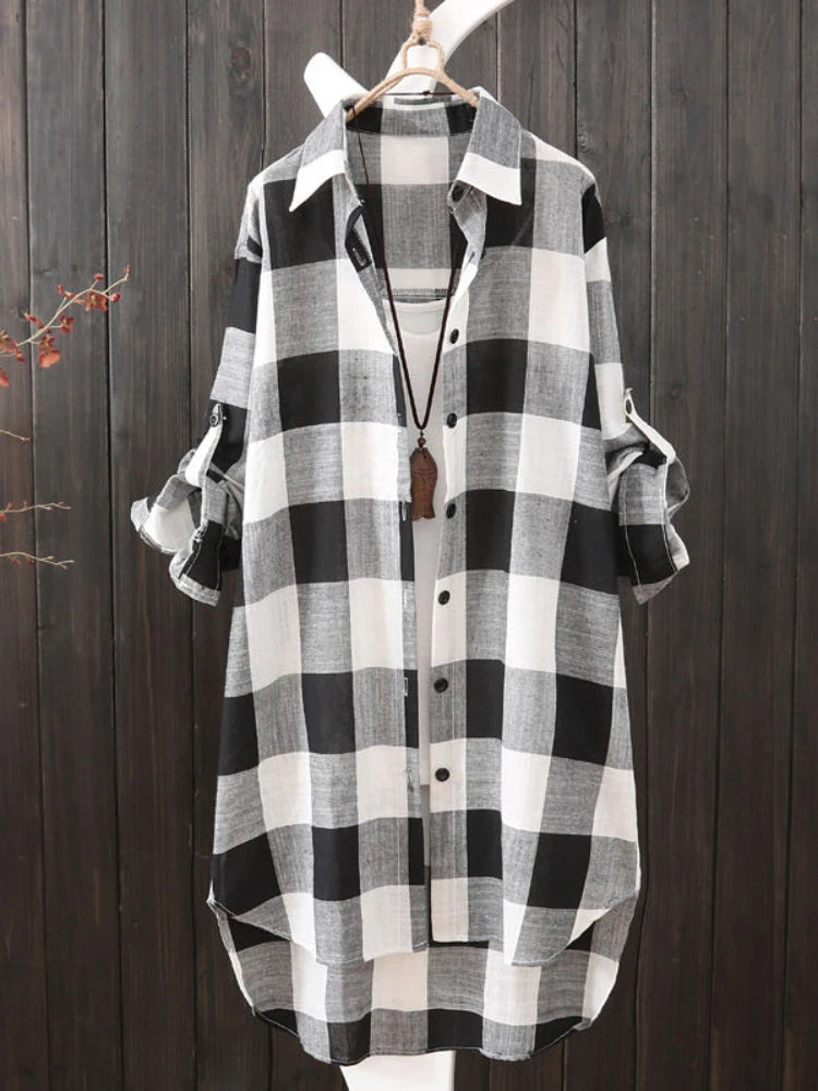Women's Plus Size Loose Plaid Blouse™ Mid Length Long Sleeve Cotton Shirt Outwear