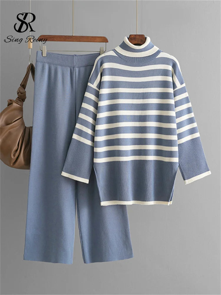 Women's Suits™ SINGREINY Striped Turtleneck Sweater High Waist Wide Leg Pants Knitted Loose Suits