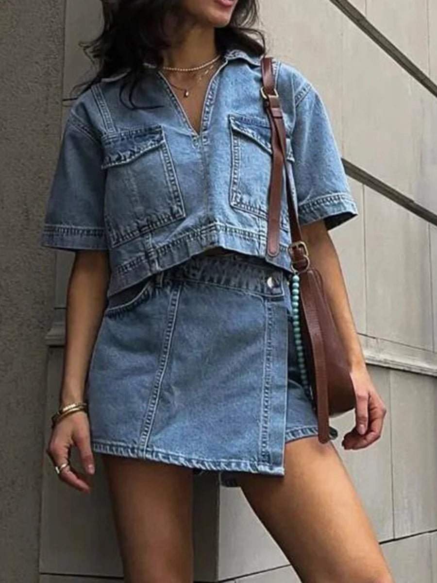 Women's Denim 2 Piece Set™ Short Sleeve Jean Tunic Tops Irregular Hem Mini Skirt Shorts Set