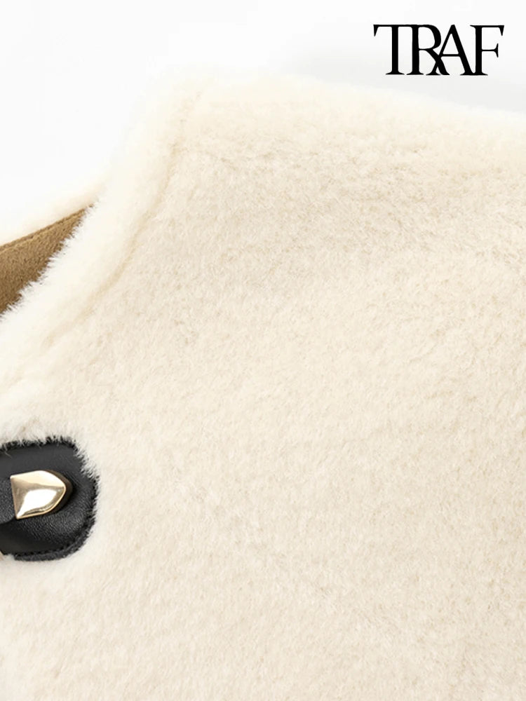 Women's Thick Warm Faux Fur Jacket™ TRAF Long Sleeve Coat, Front Toggle Coat