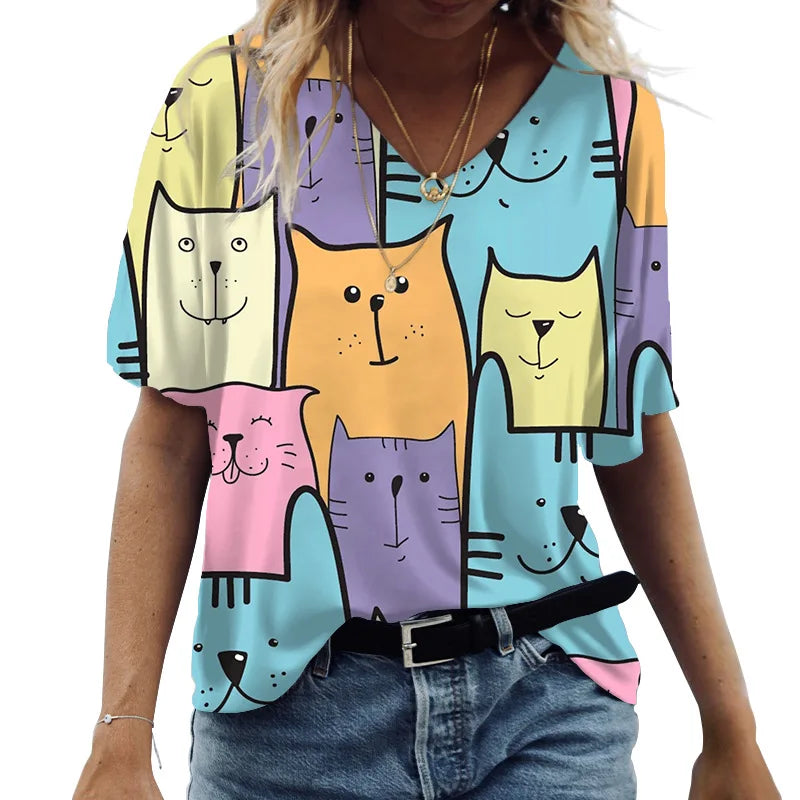 Women's Cartoon Cat Print T-shirt™ Summer Short Sleeve V-Neck Kawaii Fashion Tees
