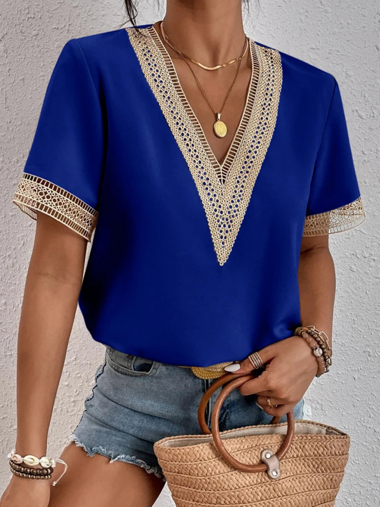 Women's Short Sleeve T-Shirt™ Summer Slim Fit Pullover Basic Tees V Neck Lace Tops Y2k Clothes