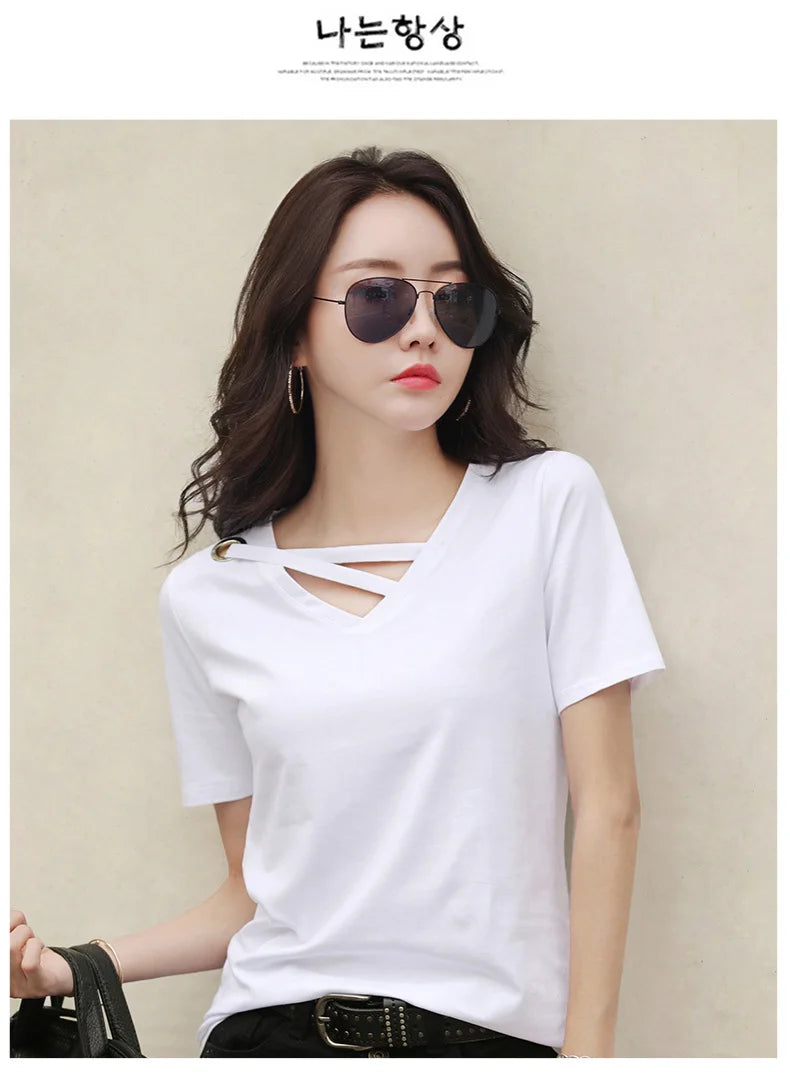 Women Short Sleeve Heart-neck T-shirt™ Half-sleeve Loose Tops