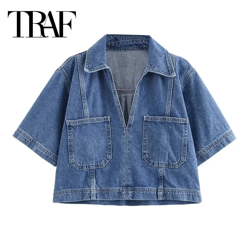 Women's TRAF Blue Denim Suit™ Short Sleeve Cropped Shirt & Short Y2k Set