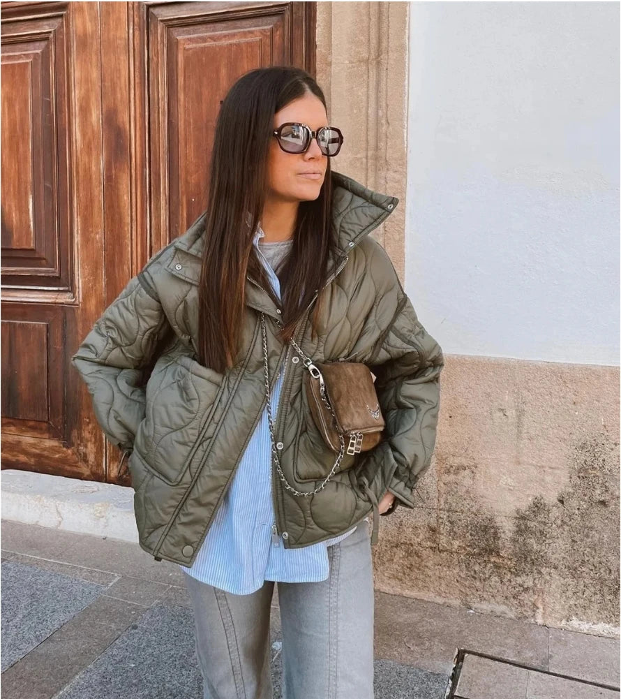 Women's Quilted Coat™ drawstring ties high neck pocket clip cotton jacket for women