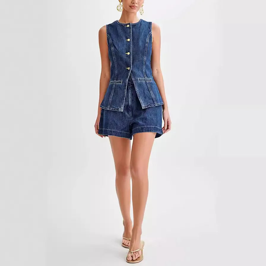 Women's Sleeveless High Waist Summer Suit™ Denim Shorts Sleeveless Vest Set