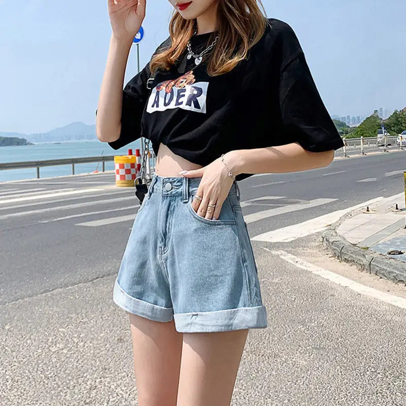 Women's Denim Shorts™ High Waist Cotton Wide-leg Short Pants