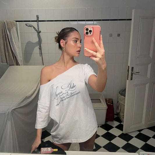 Women's Summer T-Shirt™ Letter Print Graphic Oversized One Shoulder Tops