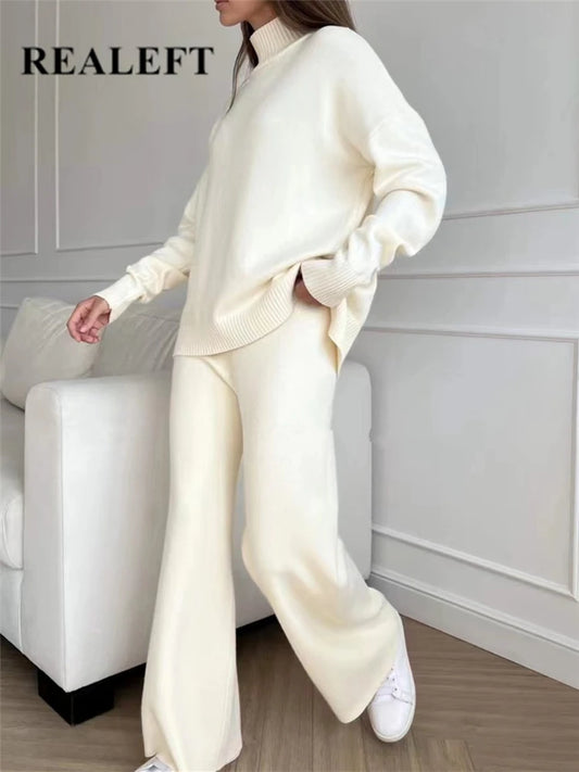 Women Tracksuit™ Knitted Turtleneck Sweater and Straight Jogging Pants Suits